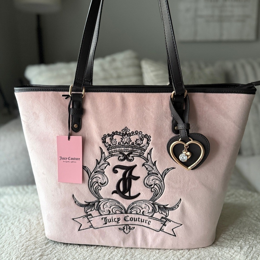 Juicy Couture Pink Velour Crown Crest‎ Tote Bag Brown Trim Heart Charm NWT